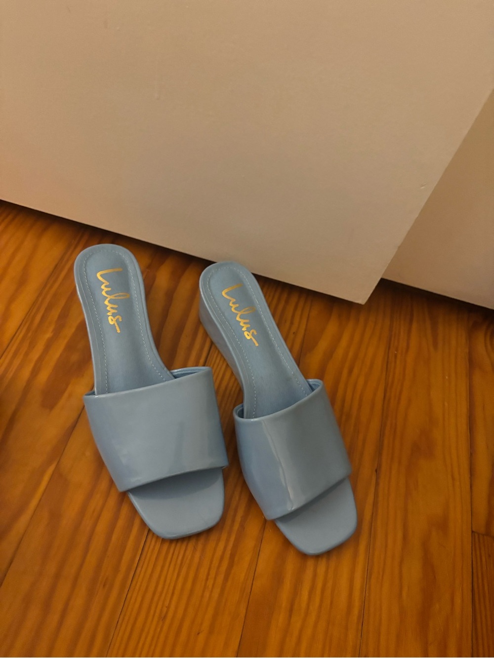 Lulu's Powder Blue Patent Wedge Slide Mules - Picture 2 of 3